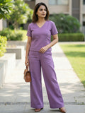Women's Two Piece Set, Purple, V-Neck Top with Wide Leg Trousers, Short Sleeve