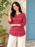 Women’s Pure Cotton Pink Striped 3/4 Sleeve Casual Top with Notched Neckline