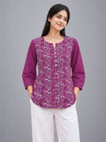 Women’s Magenta Pure Cotton Floral Printed 3/4 Sleeve Kurti with Front Button Detail