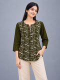 Women’s Olive Green Pure Cotton Floral Printed 3/4 Sleeve Kurti with Button Detail