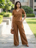 Women's Two Piece Set, golden, V-Neck Top with Wide Leg Trousers, Short Sleeve