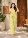 Women’s Lime Green Cotton Linen Co-Ord Set with Floral Embroidered Sleeveless V-Neck Top and Wide-Leg Trousers