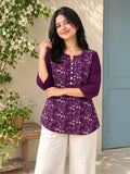 Women’s Purple Pure Cotton Floral Printed 3/4 Sleeve Kurti with Button Detail