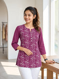 Women’s Magenta Pure Cotton Floral Printed 3/4 Sleeve Kurti with Front Button Detail