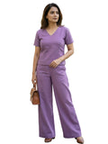 Women's Two Piece Set, Purple, V-Neck Top with Wide Leg Trousers, Short Sleeve