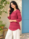 Women’s Pure Cotton Pink Striped 3/4 Sleeve Casual Top with Notched Neckline