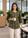 Women’s Olive Green Pure Cotton Floral Printed 3/4 Sleeve Kurti with Button Detail