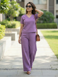 Women's Two Piece Set, Purple, V-Neck Top with Wide Leg Trousers, Short Sleeve