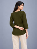Women’s Olive Green Pure Cotton Floral Printed 3/4 Sleeve Kurti with Button Detail