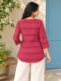 Women’s Pure Cotton Pink Striped 3/4 Sleeve Casual Top with Notched Neckline