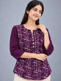 Women’s Purple Pure Cotton Floral Printed 3/4 Sleeve Kurti with Button Detail