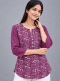 Women’s Magenta Pure Cotton Floral Printed 3/4 Sleeve Kurti with Front Button Detail