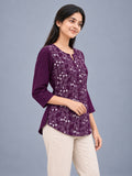 Women’s Purple Pure Cotton Floral Printed 3/4 Sleeve Kurti with Button Detail