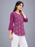 Women’s Magenta Pure Cotton Floral Printed 3/4 Sleeve Kurti with Front Button Detail