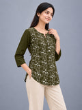 Women’s Olive Green Pure Cotton Floral Printed 3/4 Sleeve Kurti with Button Detail