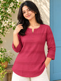 Women’s Pure Cotton Pink Striped 3/4 Sleeve Casual Top with Notched Neckline