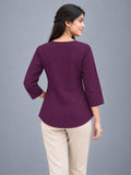 Women’s Purple Pure Cotton Floral Printed 3/4 Sleeve Kurti with Button Detail