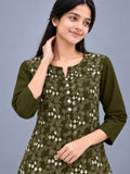 Women’s Olive Green Pure Cotton Floral Printed 3/4 Sleeve Kurti with Button Detail