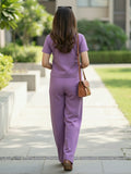 Women's Two Piece Set, Purple, V-Neck Top with Wide Leg Trousers, Short Sleeve