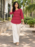 Women’s Pure Cotton Pink Striped 3/4 Sleeve Casual Top with Notched Neckline