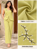 Women’s Lime Green Cotton Linen Co-Ord Set with Floral Embroidered Sleeveless V-Neck Top and Wide-Leg Trousers