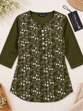 Women’s Olive Green Pure Cotton Floral Printed 3/4 Sleeve Kurti with Button Detail