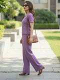 Women's Two Piece Set, Purple, V-Neck Top with Wide Leg Trousers, Short Sleeve
