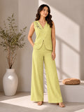 Women’s Lime Green Cotton Linen Co-Ord Set with Floral Embroidered Sleeveless V-Neck Top and Wide-Leg Trousers