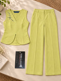 Women’s Lime Green Cotton Linen Co-Ord Set with Floral Embroidered Sleeveless V-Neck Top and Wide-Leg Trousers