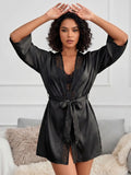 Women's Satin Lace Robe Nightwear with Waist Tie Belt ( 521 )