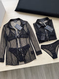 Women’s Black Sheer Button-Down Cover-Up Shirt with Long Sleeves