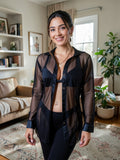Women’s Black Sheer Button-Down Cover-Up Shirt with Long Sleeves