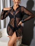 Women’s Black Sheer Button-Down Cover-Up Shirt with Long Sleeves