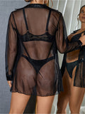 Women’s Black Sheer Button-Down Cover-Up Shirt with Long Sleeves
