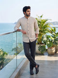 Men's White Self-Design Pure Cotton Straight Kurta | Mandarin Collar | Full Sleev