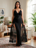 Women’s Lace Mesh Babydoll Nightdress with Side Slit Lingerie Gown