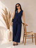 Women’s Solid Navy Blue Linen Co-Ord Set with Sleeveless V-Neck Top & Wide-Leg Pants