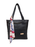Women’s Black PU Leather Tote Bag with Printed Scarf | Stylish Shoulder Handbag