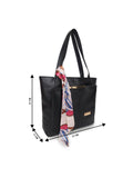 Women’s Black PU Leather Tote Bag with Printed Scarf | Stylish Shoulder Handbag