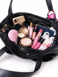 Women’s Black PU Leather Tote Bag with Printed Scarf | Stylish Shoulder Handbag
