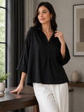 Women’s Black Viscose Shirt Style Top | Collared Neck Full Sleeve Relaxed Fit Tunic | Elegant Casual Wear
