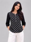 Women’s Elegant Georgette Printed Top – Black & White 3/4 Sleeve Casual Tunic