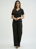 Women's Two Piece Set, Black, V-Neck Top with Wide Leg Trousers, Short Sleeve