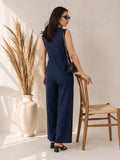 Women’s Solid Navy Blue Linen Co-Ord Set with Sleeveless V-Neck Top & Wide-Leg Pants