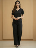 Women's Two Piece Set, Black, V-Neck Top with Wide Leg Trousers, Short Sleeve