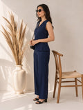 Women’s Solid Navy Blue Linen Co-Ord Set with Sleeveless V-Neck Top & Wide-Leg Pants