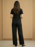 Women's Two Piece Set, Black, V-Neck Top with Wide Leg Trousers, Short Sleeve