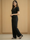Women's Two Piece Set, Black, V-Neck Top with Wide Leg Trousers, Short Sleeve