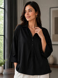 Women’s Black Viscose Shirt Style Top | Collared Neck Full Sleeve Relaxed Fit Tunic | Elegant Casual Wear