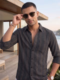 Men’s Pure Cotton Textured Striped Casual Shirt – Regular fit, Full Sleeves, Charcoal Black